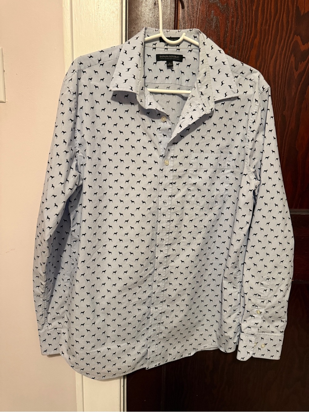 Banana Republic Light Blue Button-Down Shirt with Navy Black Dog Print